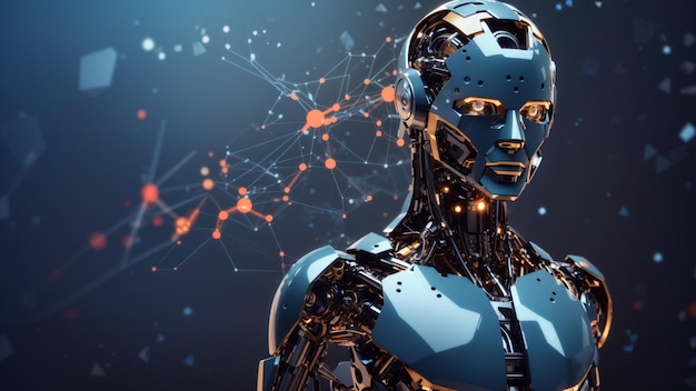 Una cara de robot de inteligencia artificial futurista con antecedentes científicos y diseño abstracto
