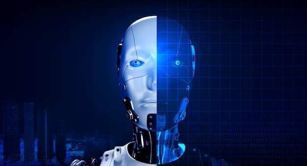 Cara de robot de realidad en el paisaje urbano y una vista frontal de cara semitransparente en código binario digital en fondo de red azul Concepto de tecnología de aprendizaje de máquina humanoide de inteligencia artificial AI
