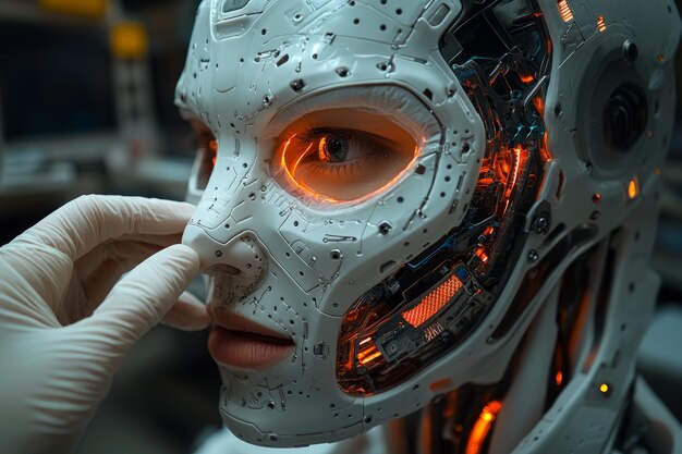 Cara robótica sometida a inspección en un laboratorio futurista