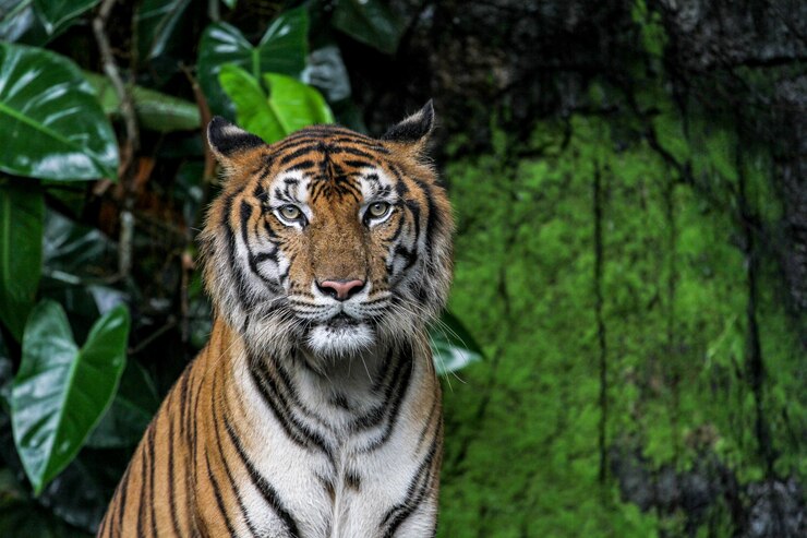 Cara de show de tigre sentarse en el bosque