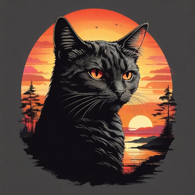 Cara de silueta de un gato con una dudosa expresión lateral contra una vibrante camiseta retro de puesta de sol