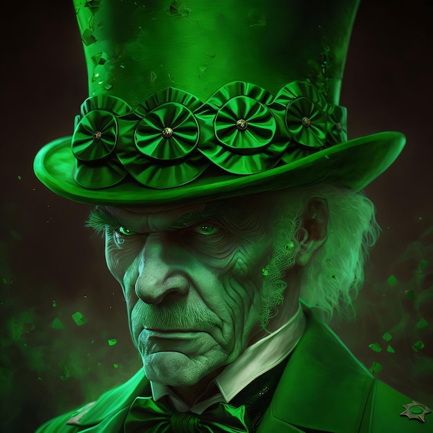 Cara sombría de un anciano en un traje verde y cilindro de sombrero verde en un fondo verde oscuro Símbolo de color verde del Día de San Patricio