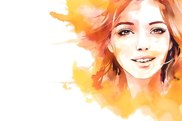 Cara sonriente en acuarela de una mujer joven pintando en un fondo de color vibrante con espacio de copia