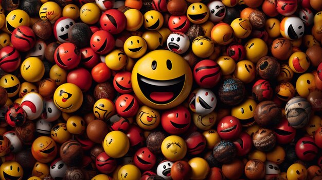 una cara sonriente amarilla está rodeada de cuentas de colores.