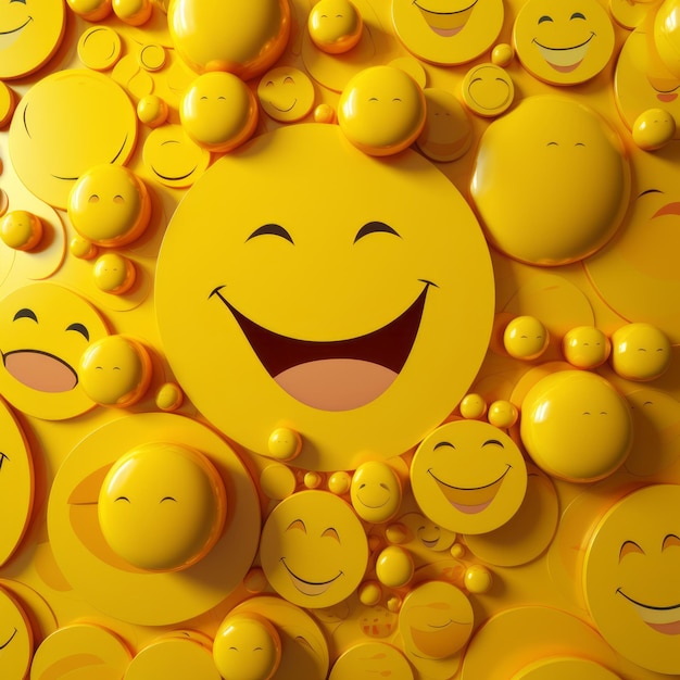 una cara sonriente amarilla está rodeada de muchas caras sonrientes amarillas
