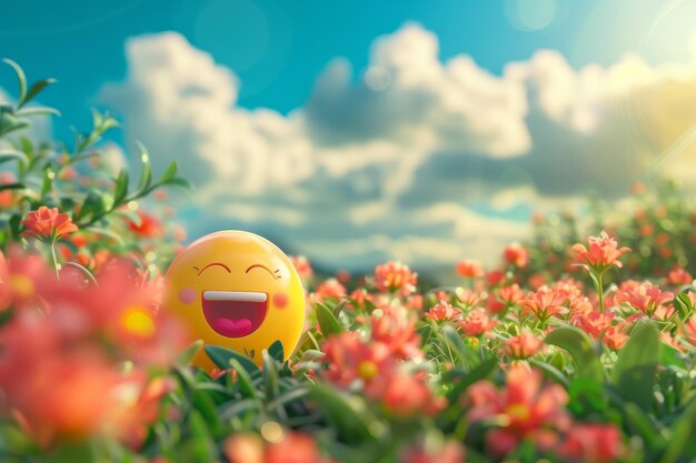 Foto una cara sonriente amarilla está sentada en un campo de flores