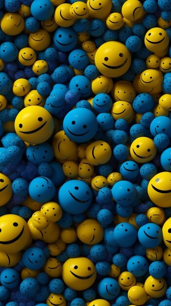 Una cara sonriente azul y amarilla está rodeada por un montón de bolas.