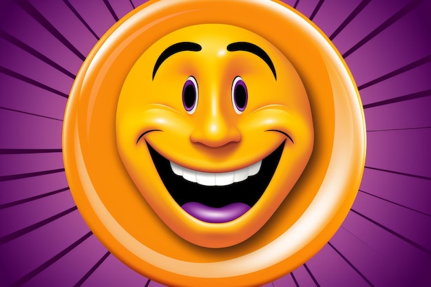 una cara sonriente con un círculo naranja en un fondo púrpura