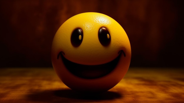 Una cara sonriente está sobre una mesa frente a un fondo oscuro.