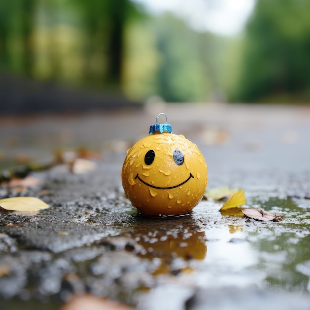 Una cara sonriente está en el suelo bajo la lluvia.