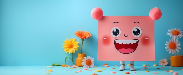 Cara sonriente feliz salud mental actitud de pensamiento positivo emoción apoyo dibujos animados con flores