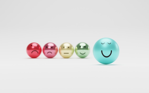 Cara sonriente frente a la emoción triste y regular para la satisfacción del cliente y el pensamiento positivo y el concepto de selección por renderizado 3d