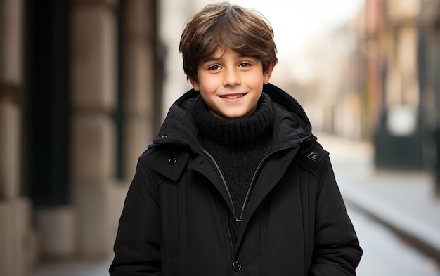 Una cara sonriente de niño con un abrigo negro con un ambiente informal sobre fondo transparente