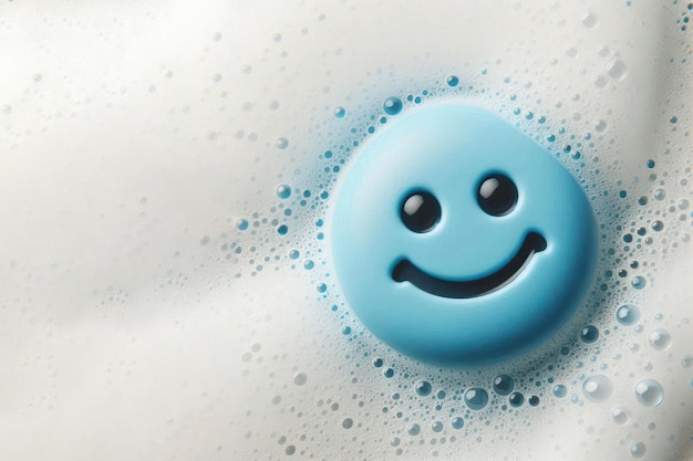 Cara sonriente redonda flotando en agua jabonosa Espacio para el texto