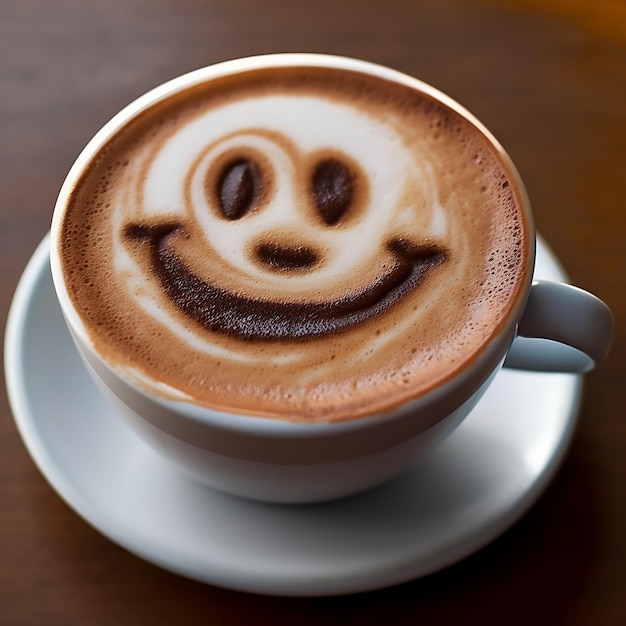 una cara sonriente en una taza de café.