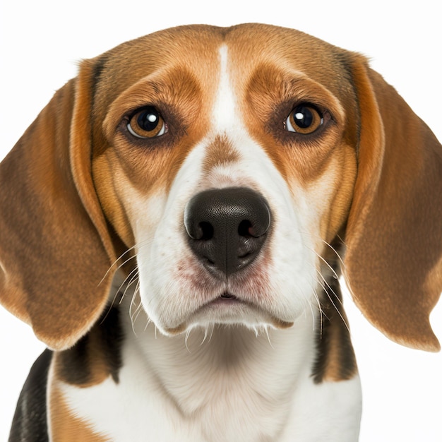 Cara tierna y feliz mirando a la cámara lindo retrato de perro beagle aislado en fondo blanco con deslumbrante detalle hiperrealista por Generative AI