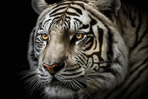 La cara de un tigre blanco sobre un fondo negro