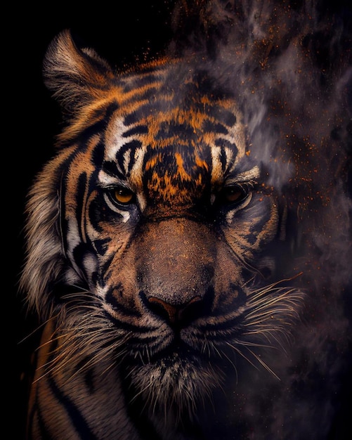 La cara de un tigre está en el humo.