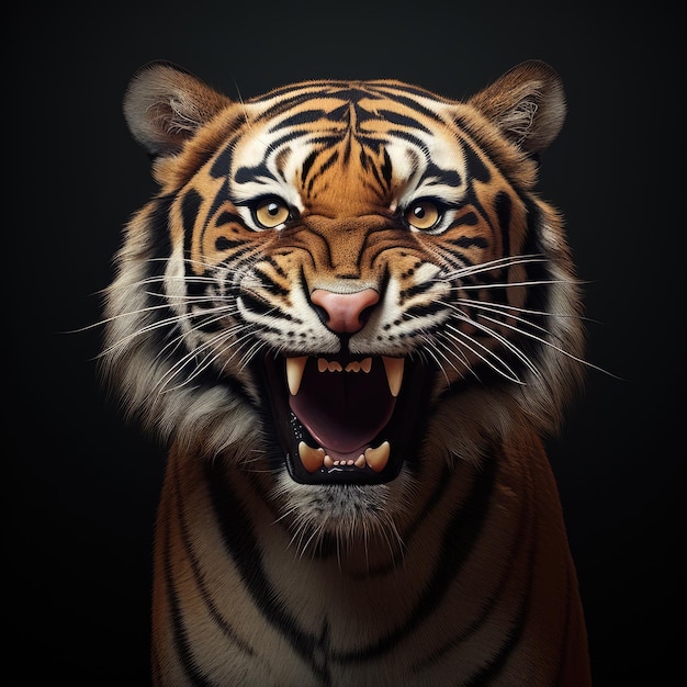 Cara de tigre sobre un fondo negro.