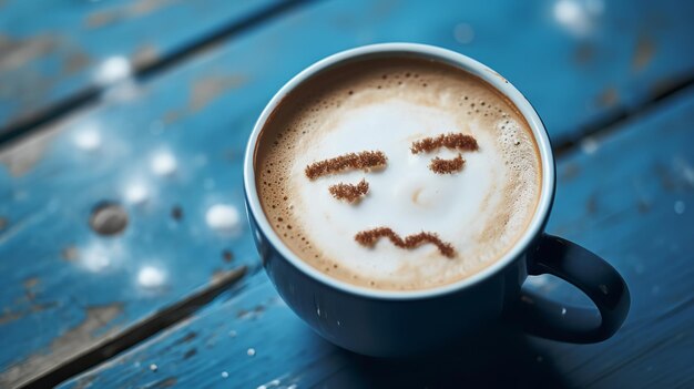 Una cara triste dibujada en la espuma de leche de capuchino para el Lunes Azul en una mesa de madera azul IA generativa