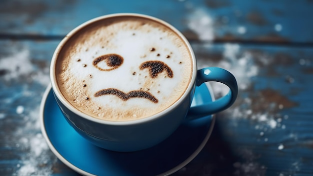 Una cara triste dibujada en la espuma de leche de capuchino para el Lunes Azul en una mesa de madera azul IA generativa