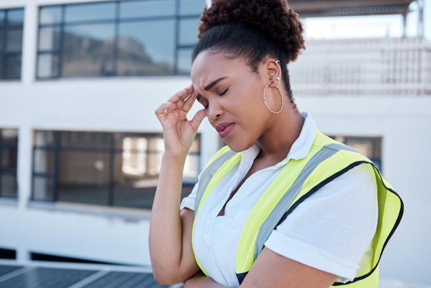 Cara triste y mujer en construcción con dolor de cabeza en el sitio de renovación error de ingeniería civil y estrés Contratista africano cansado y frustrado confundido con crisis de agotamiento y problema en la ciudad