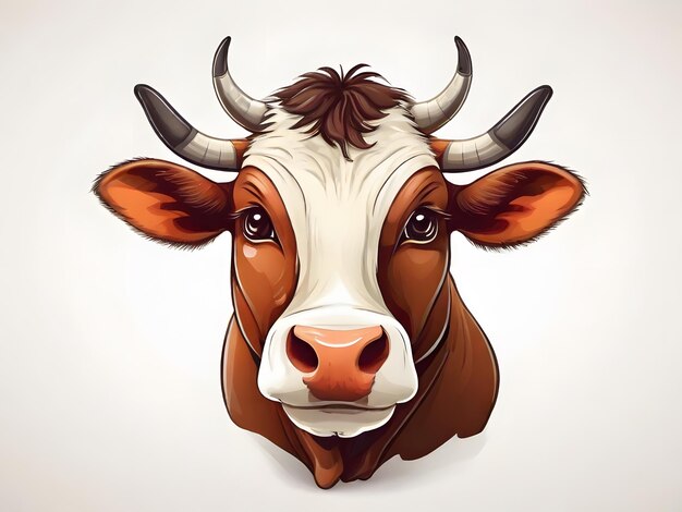 Cara de vaca de dibujos animados sobre un fondo blanco