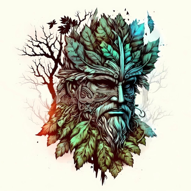 Cara vikinga y hojas de plantas de árbol diseño del logotipo del tótem