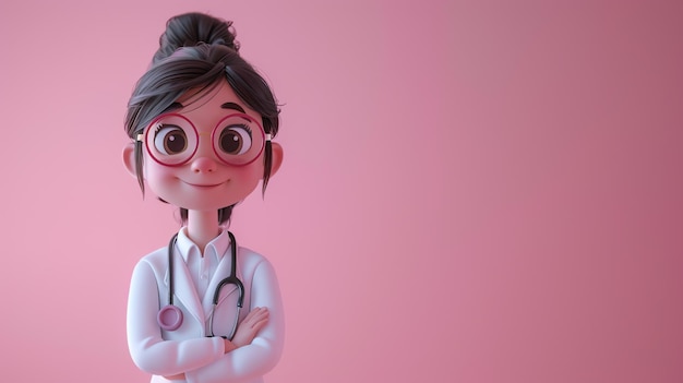 Caraca de desenho animado de mulher médica em estilo 3D Conceito publicitário de saúde Imagem gerada por Ai