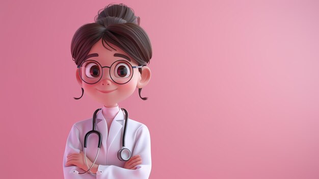 Caraca de desenho animado de mulher médica em estilo 3D Conceito publicitário de saúde Imagem gerada por Ai