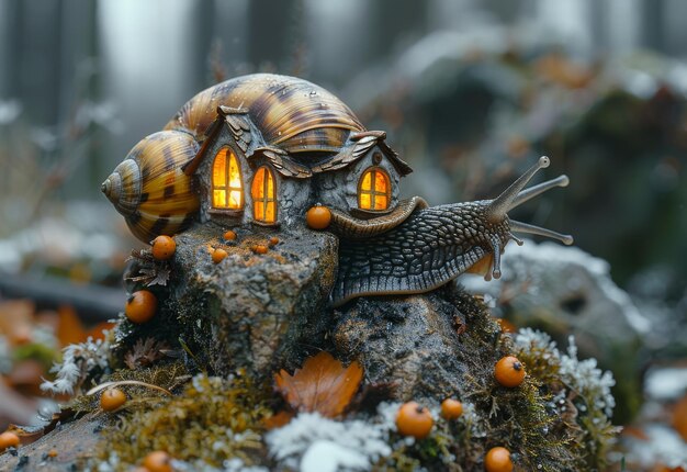 Caracóis e casa de caracóis em um tronco na floresta