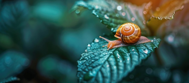 Foto el caracol se alza en la hoja verde