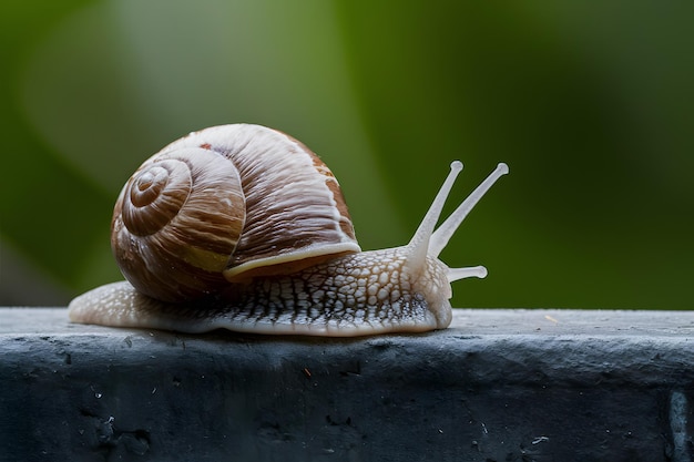 El caracol se arrastra en una cornisa con un movimiento lento foto del hábitat natural