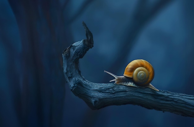 Caracol arrastrándose en una rama en el bosque oscuro por la noche