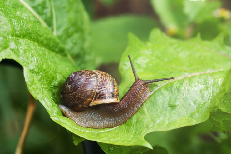 Caracol arrastrándose sobre una amplia hoja verde después de la lluvia,