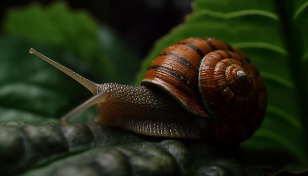 Caracol baboso arrastrándose sobre hojas de plantas verdes generadas por IA