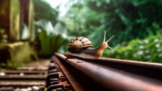 Foto caracol caminando puente ferroviario línea pistas ilustración imagen ai generado arte