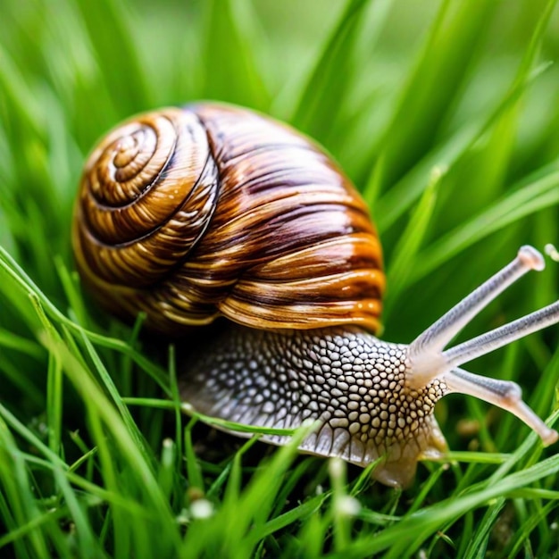 Foto un caracol en el césped con un caracoles en la espalda