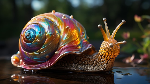 Foto caracol com concha de arco-íris caractere de caracol bonito com carcaça de ar couro generativo ai