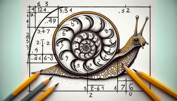 Foto caracol con concha dorada y espiral de fibonacci un dibujo detallado de un caracol con una concha de oro la concha está representada como una espiral de fibonacci un patrón matemático que se encuentra en la naturaleza