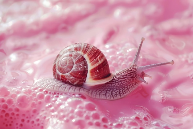 Caracol y crema sobre fondo rosa Ingredientes de crema rejuvenecedora y limo de caracoles Concepto de cosméticos y cuidado de la piel IA generativa