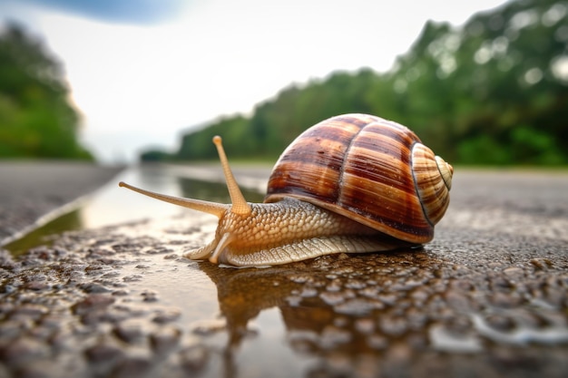 Foto un caracol decidido cruzando un pavimento áspero