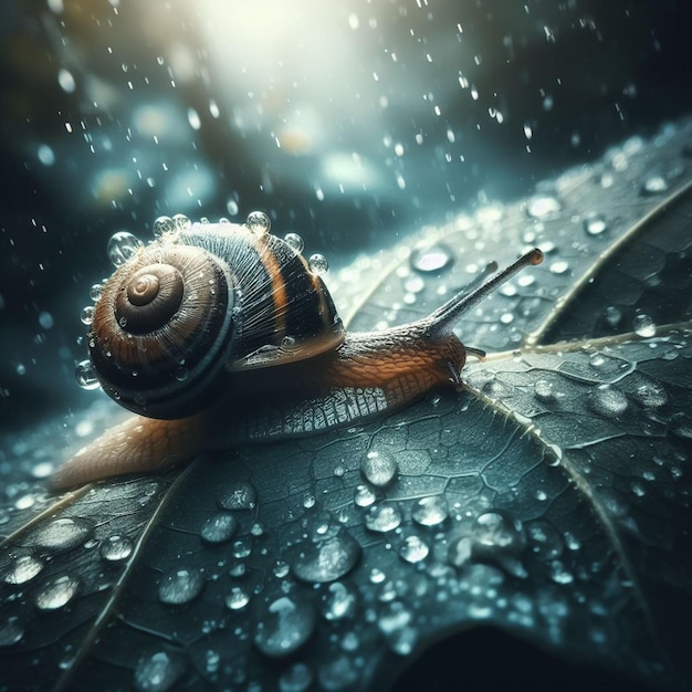 un caracol está en una hoja con gotas de agua