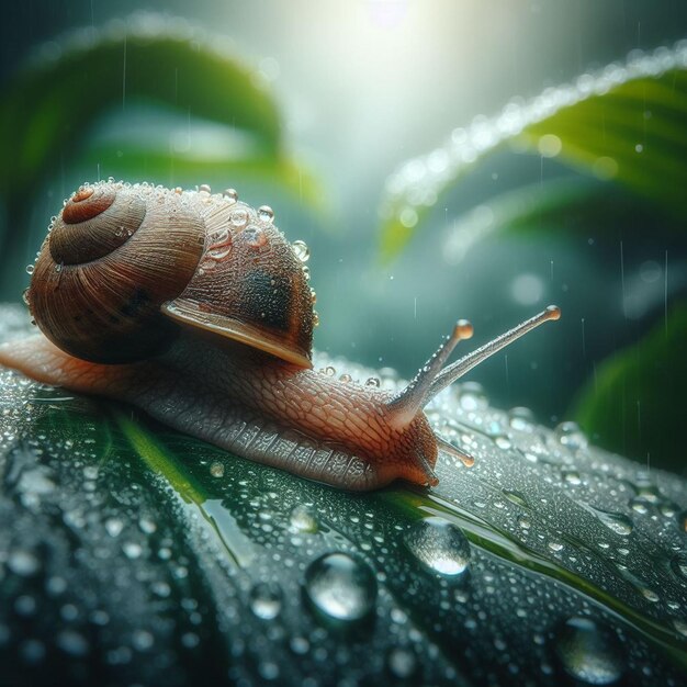 un caracol está en una hoja con gotas de agua