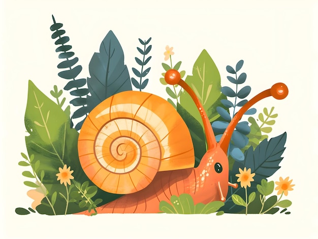 Caracol fofo em ilustração plana de flores Ilustração laranja e amarela de alta qualidade