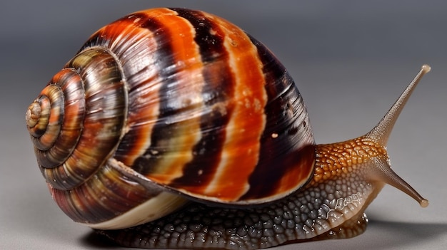 Caracol grande con concha arrastrándose en la carretera día de verano en el jardín