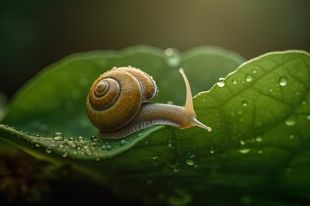 Un caracol en una hoja verde con la palabra caracol