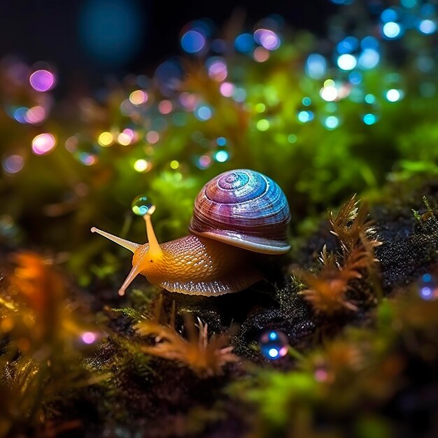 Caracol iridescente em uma floresta de fadas, close-up de uma concha cintilante AI Generative