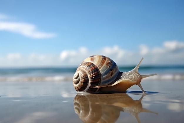 Caracol de mar en el mar tropical y fondo de cielo azul de playa de arena Creado Generativo Ai