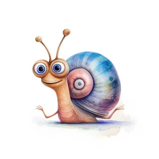 Un caracol con ojos azules y una concha morada.